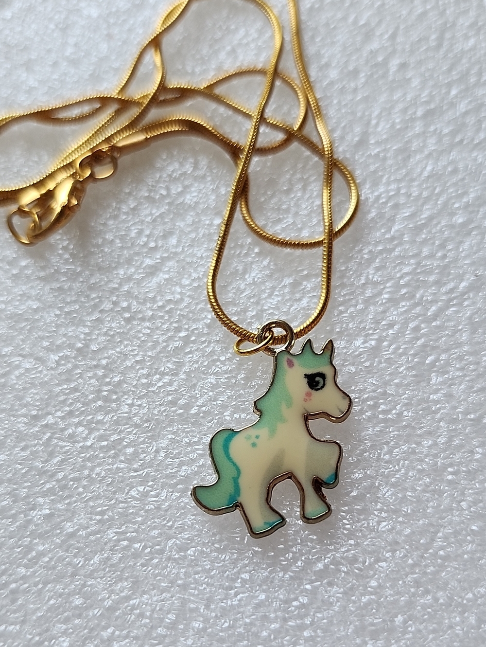 Hand Crafted Gold Unicorn Pendant Necklace with Mint and Cream Enamel